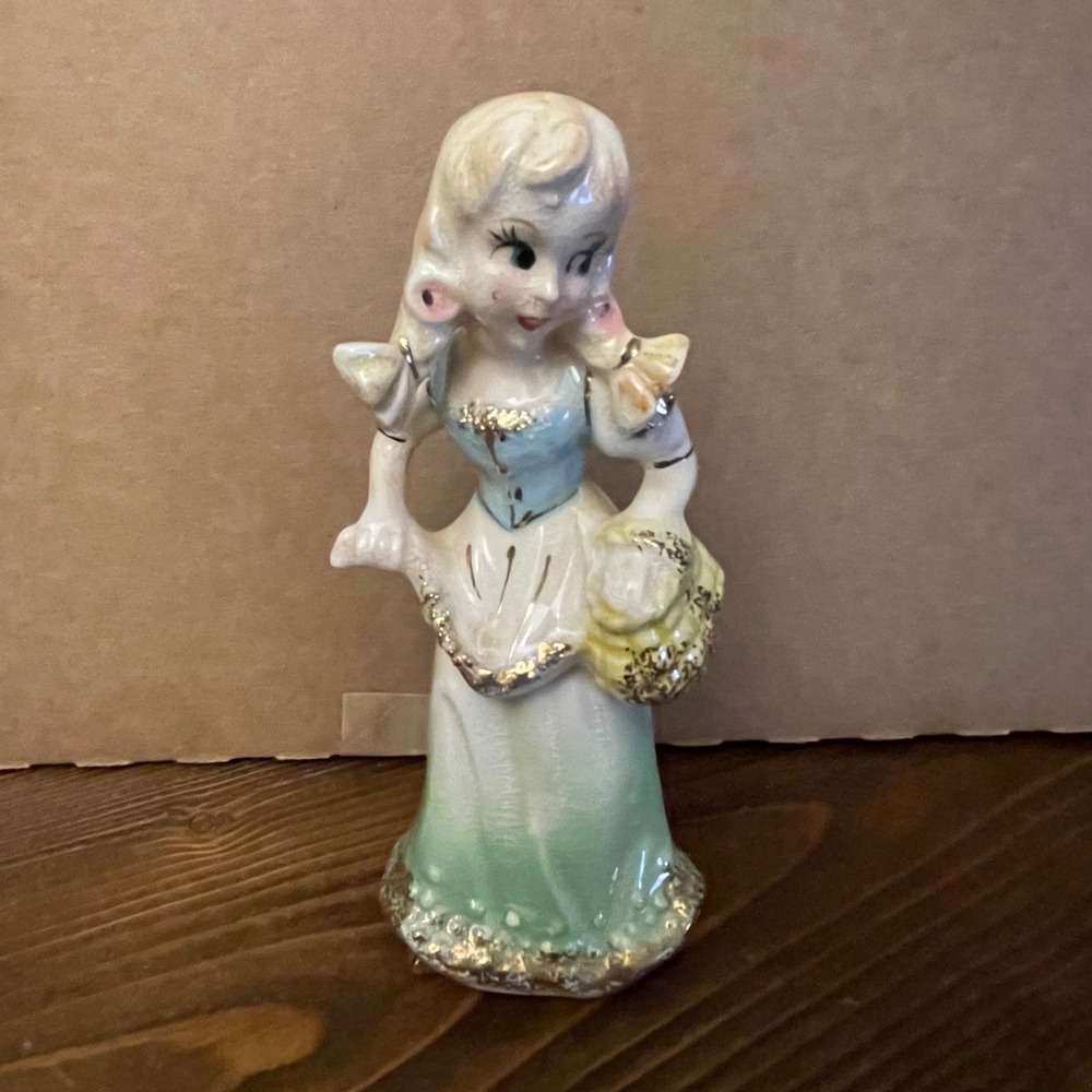 Vintage Ucargo Japan Porcelain 6" Women Girl Gold Trim Dress Basket Figurine 40s